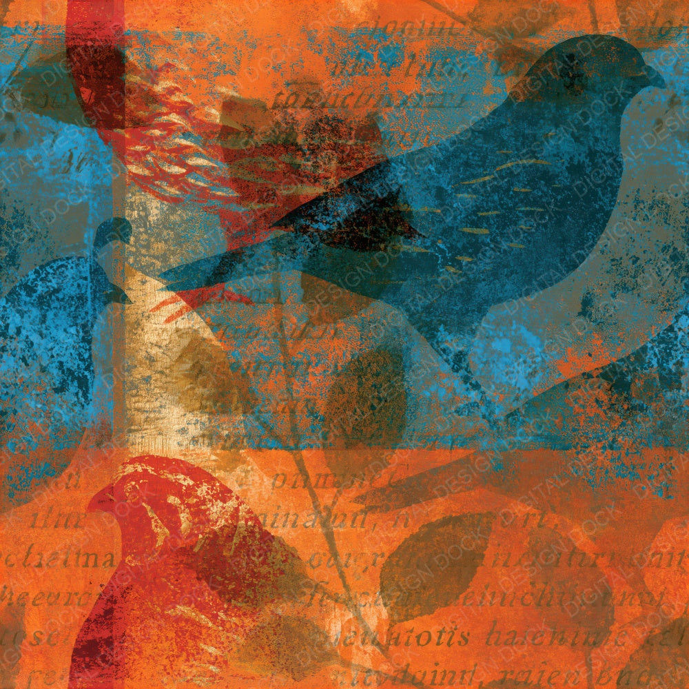 Impressionist Quail Burnt Orange Turquoise Seamless Digital Paper Pack (DDD016567)