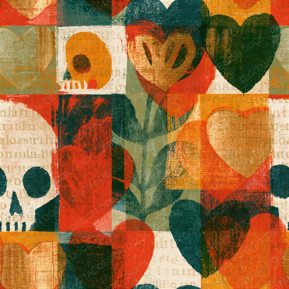 Risograph Hearts Skulls Pumpkin Sage Seamless Digital Paper Pack (DDD016573)