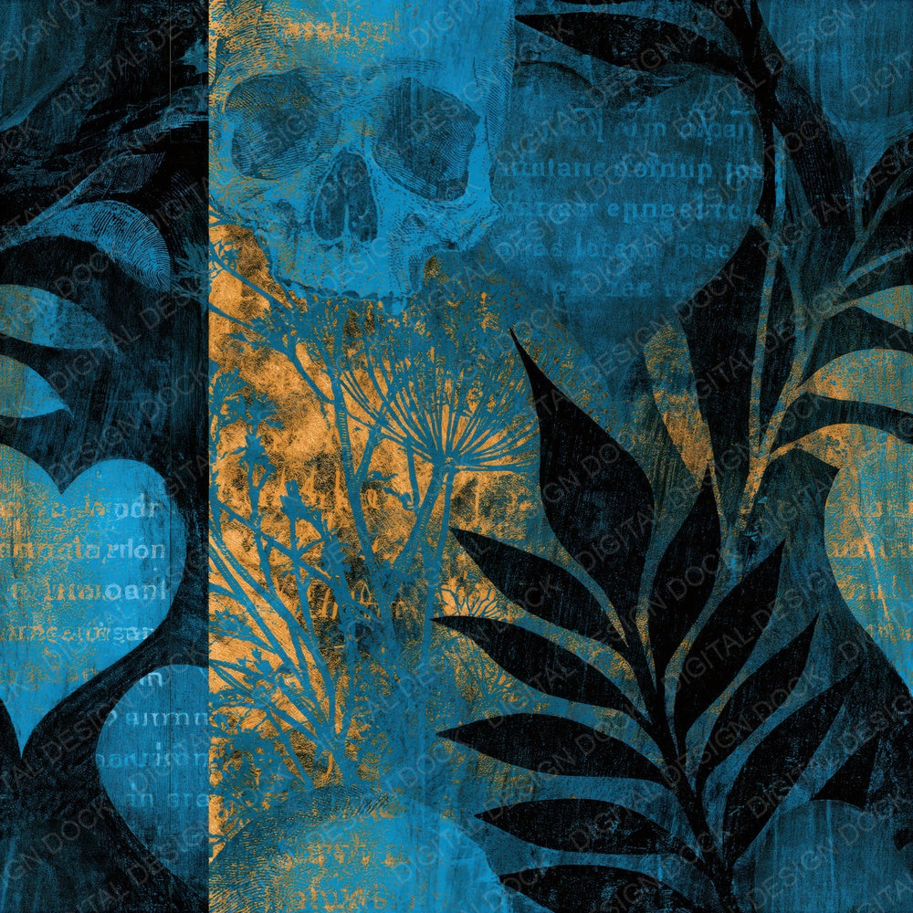 Woodblock Hearts Skulls Black Blue Seamless Digital Paper Pack (DDD016579)
