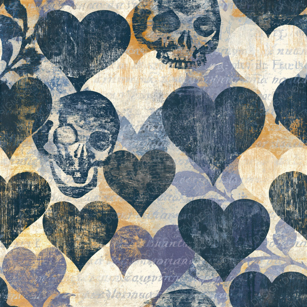 Woodcut Hearts Skulls Gunmetal Seamless Digital Paper Pack (DDD016582)