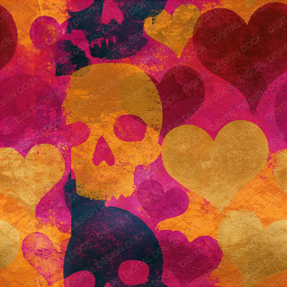 Linocut Hearts Skulls Amber Magenta Seamless Digital Paper Pack (DDD016585)