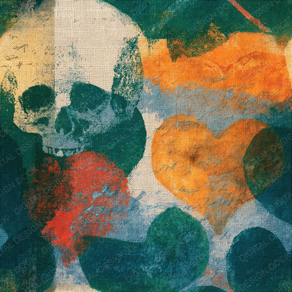Monoprint Hearts Skulls Patinated Green Copper Seamless Digital Paper Pack (DDD016591)