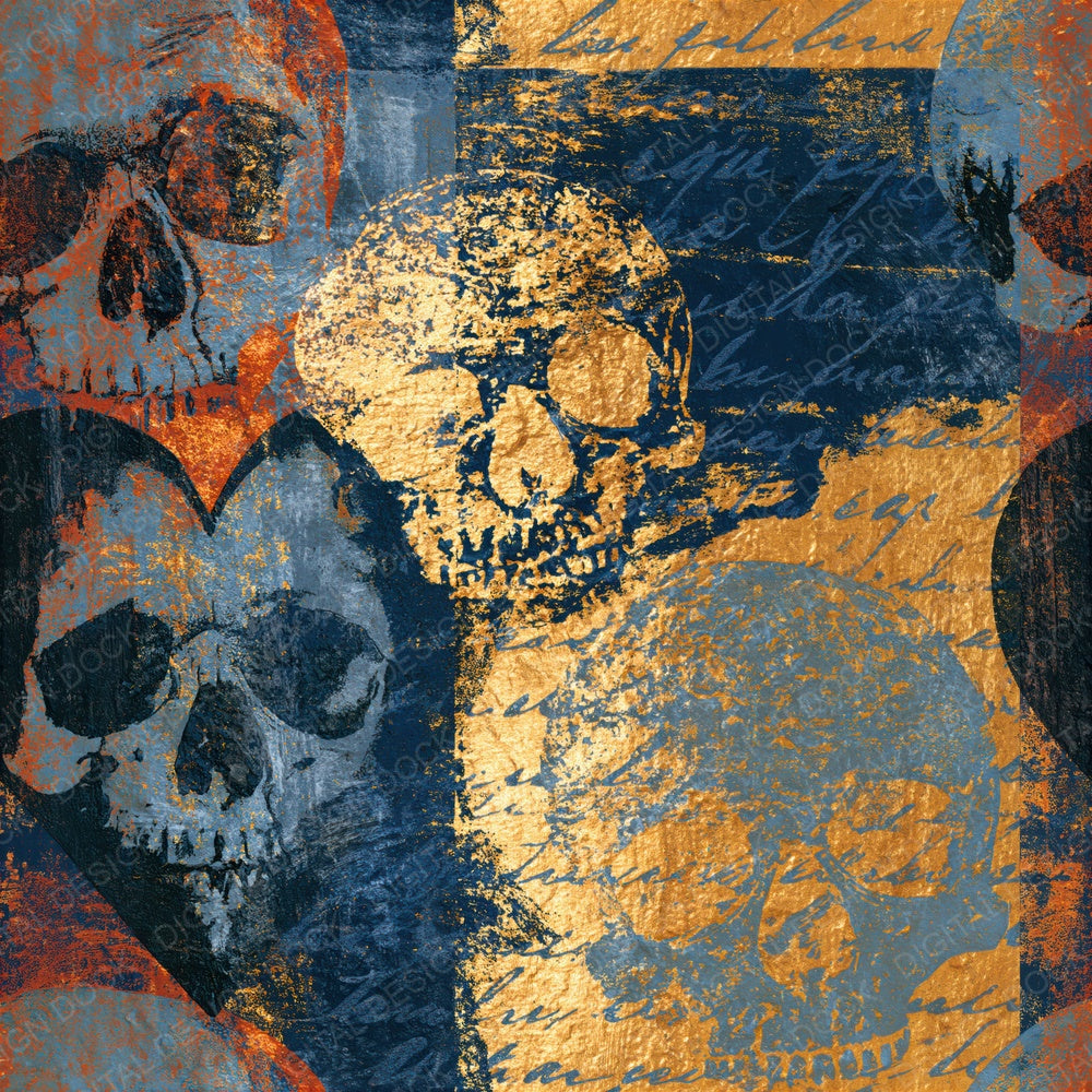 Woodblock Skulls Hearts Gunmetal Seamless Digital Paper Pack (DDD016601)