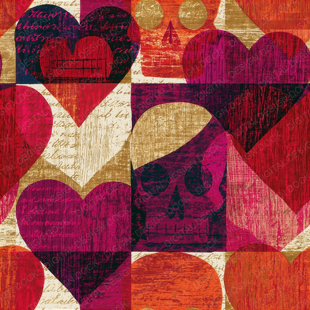 Woodcut Hearts Skulls Cherry Currant Seamless Digital Paper Pack (DDD016603)