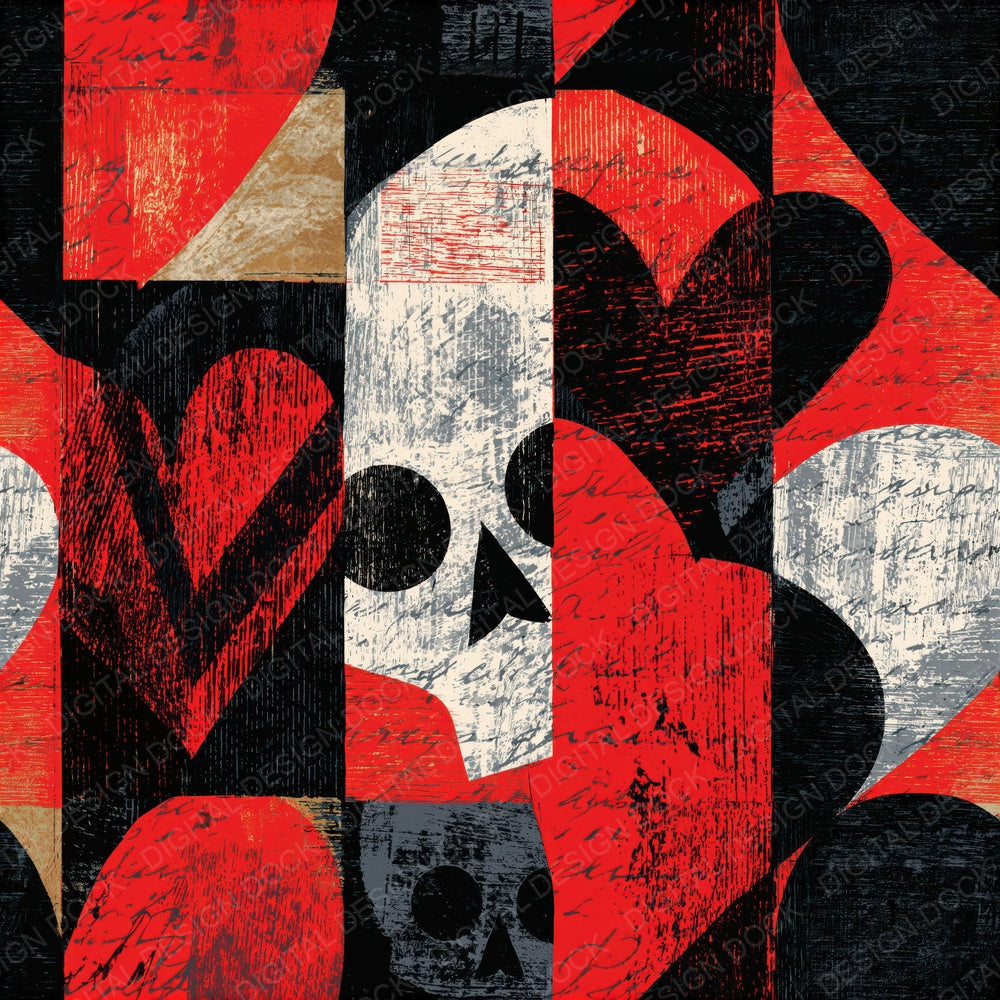 Woodcut Hearts Skulls Crimson Seamless Digital Paper Pack (DDD016604)