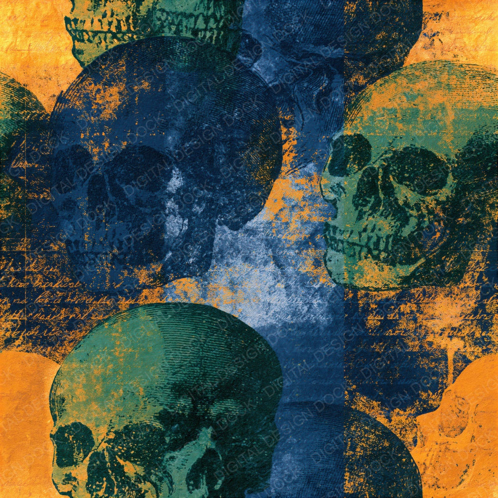 Monoprint Grungy Skulls Palm Green Ochre Seamless Digital Paper Pack (DDD016608)