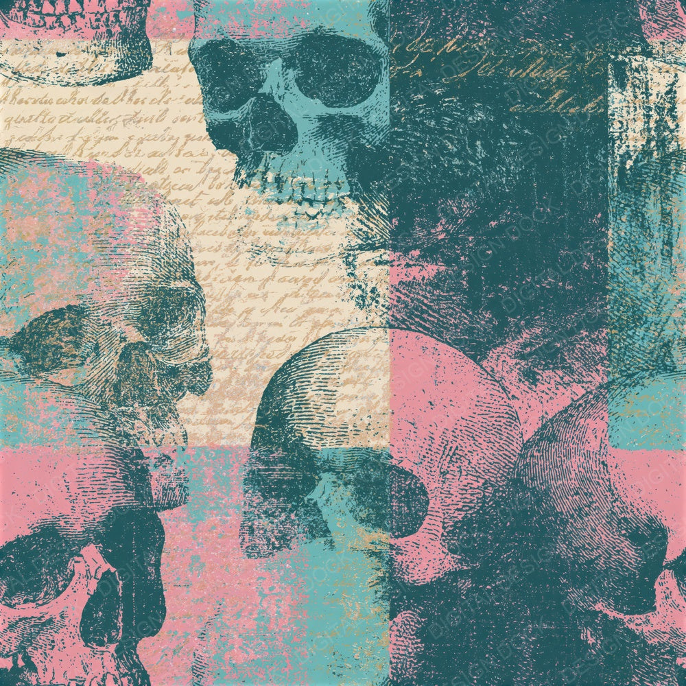 Scratchboard Grungy Skulls Pink Seafoam Seamless Digital Paper Pack (DDD016612)