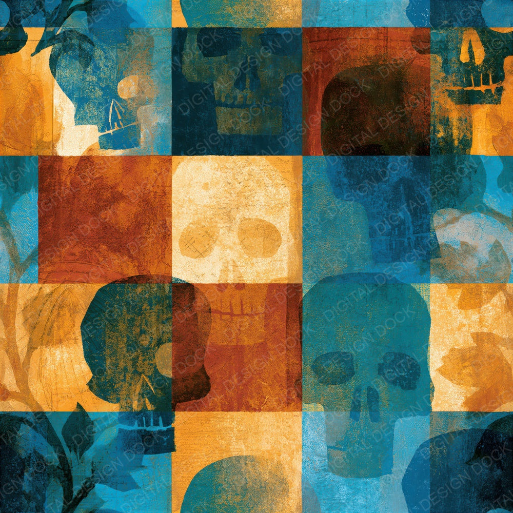 Screenprint Grungy Skulls Rust Turquoise Seamless Digital Paper Pack (DDD016619)