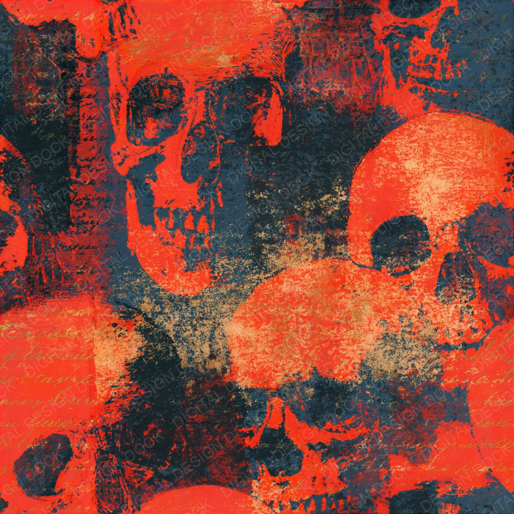 Woodblock Grungy Skulls Ember Seamless Digital Paper Pack (DDD016620)