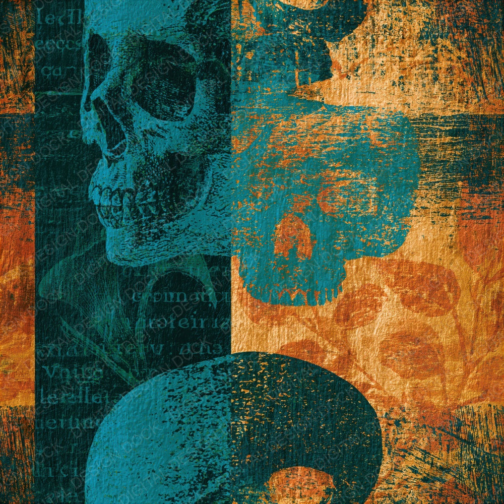 Woodcut Grungy Skulls Jade Copper Seamless Digital Paper Pack (DDD016621)