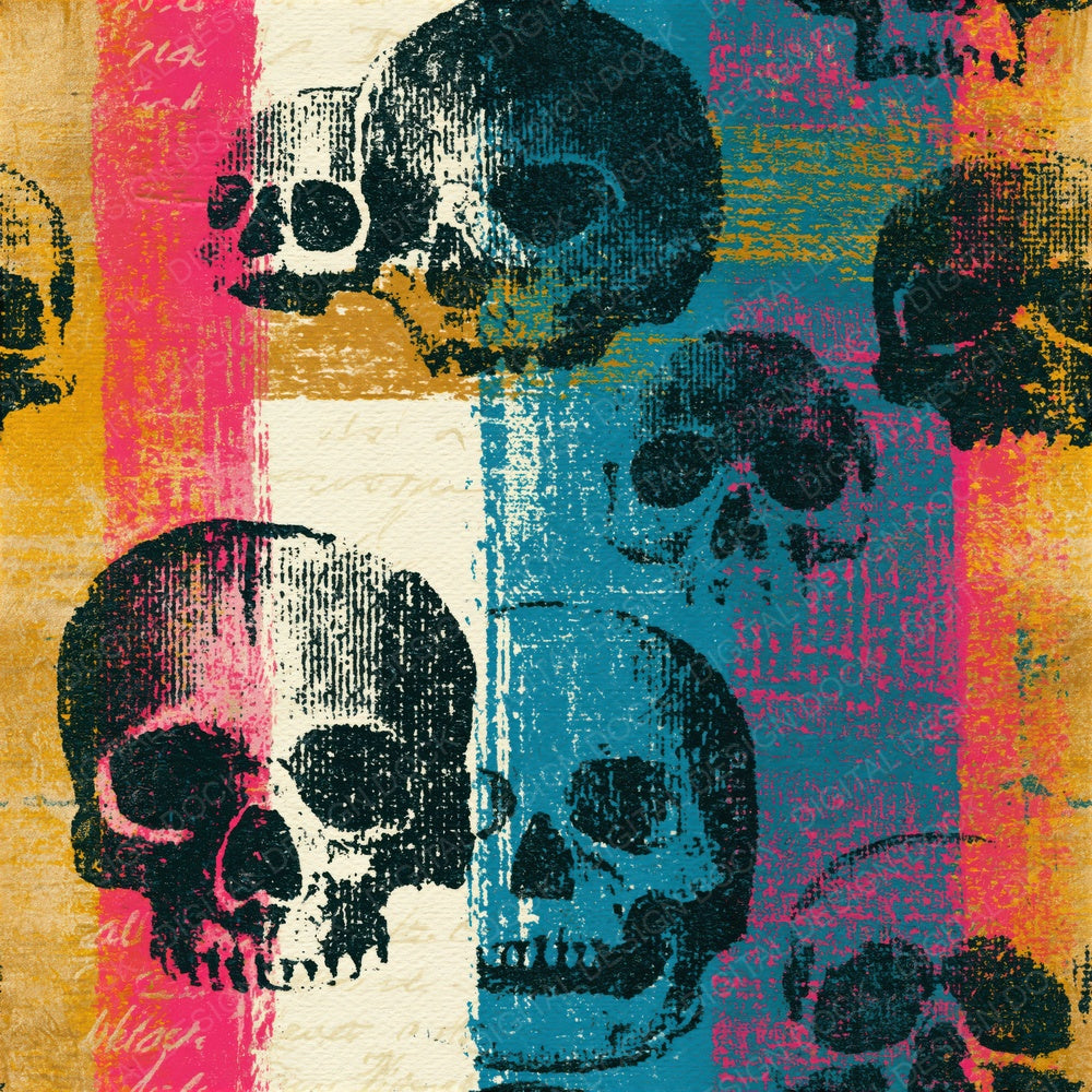Woodcut Grungy Skulls Turquoise Pink Seamless Digital Paper Pack (DDD016622)