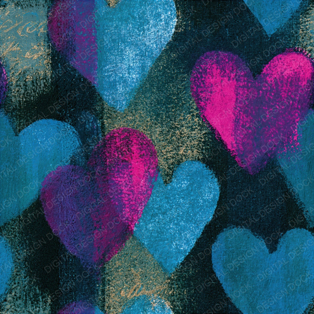 Linocut Love Hearts Teal Magenta Seamless Digital Paper Pack (DDD016626)