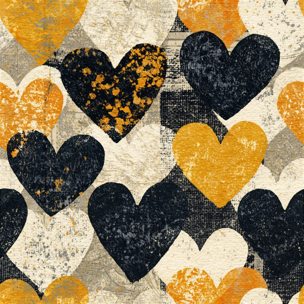 Woodblock Love Hearts Jet Cream Seamless Digital Paper Pack (DDD016642)