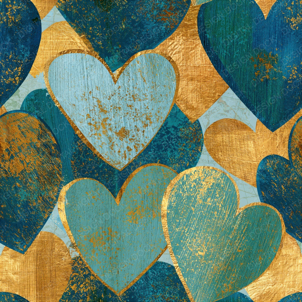 Woodcut Love Hearts Sea Glass Gold Seamless Digital Paper Pack (DDD016643)