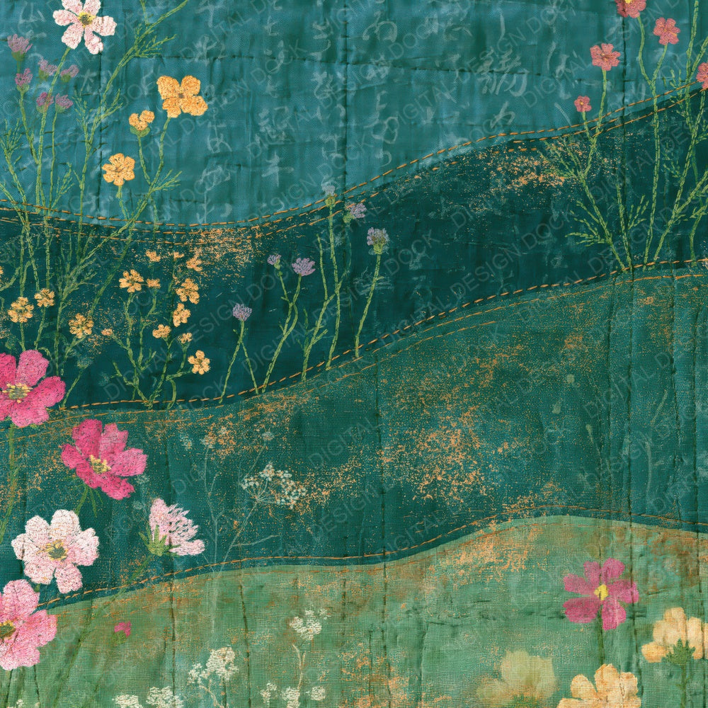 Another Kantha Wildflowers Malachite Forest digital paper shown full size