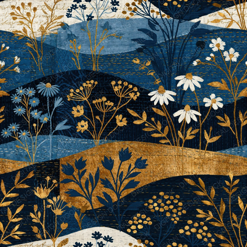 Another Kantha Wildflowers Midnight Bone Seamless digital paper shown full size