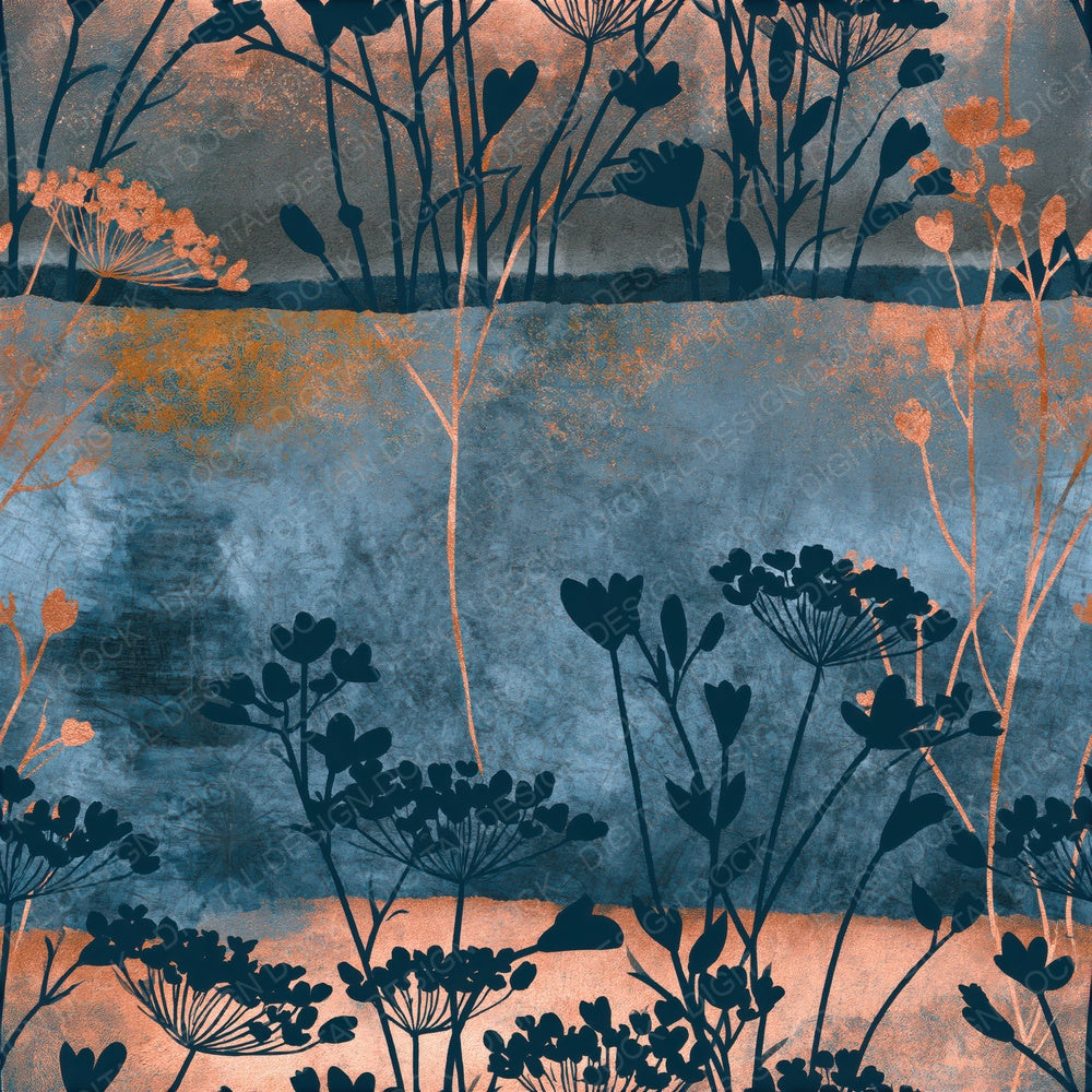 Another Cyanotype Wildflowers Gunmetal Rust Seamless digital paper shown full size