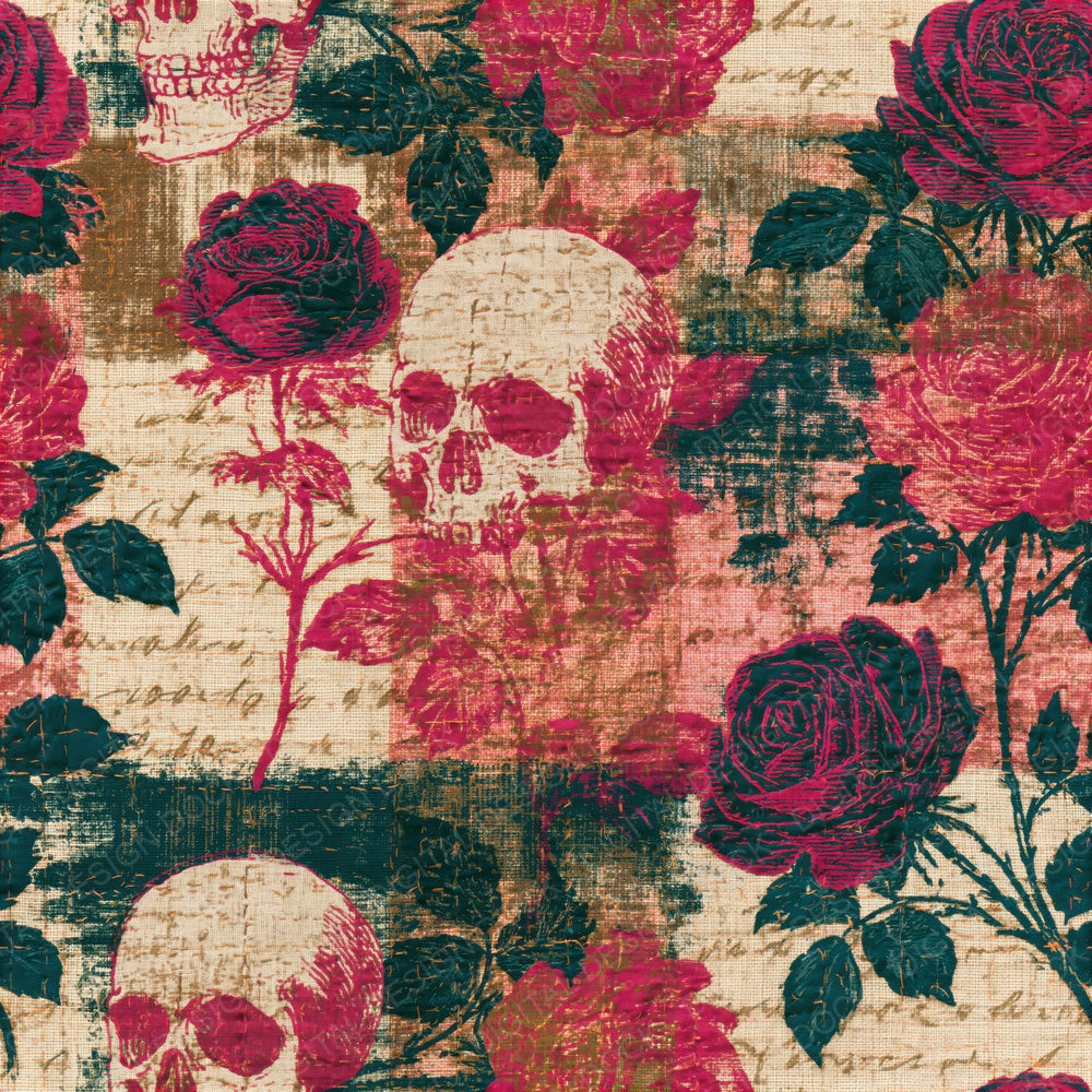 Kantha Roses Skulls Berry Spruce Seamless Digital Paper Pack (DDD016757)