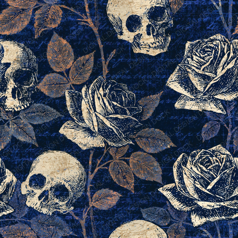 Another Scratchboard Roses Skulls Indigo Ivory digital paper shown full size