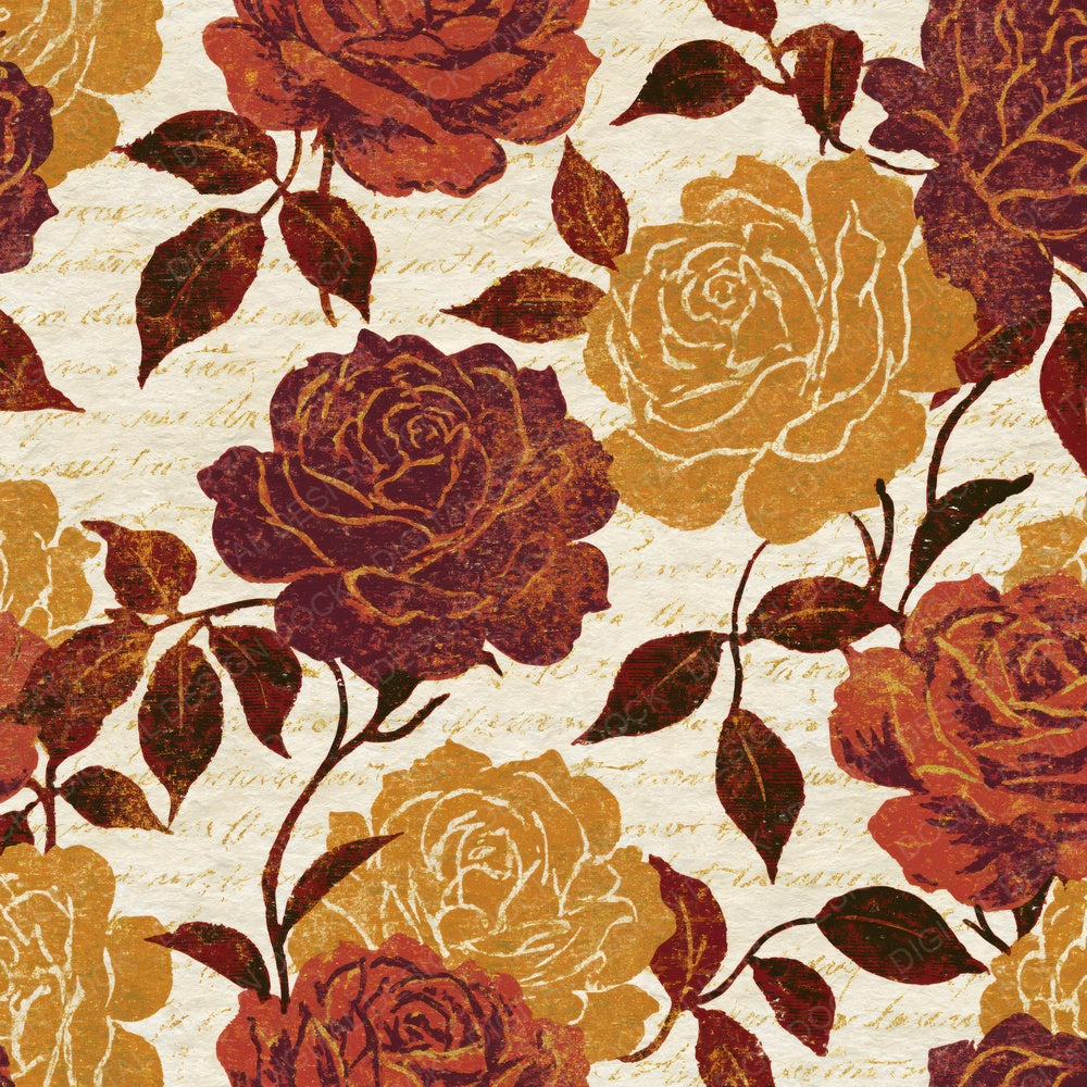Another Moku Hanga Roses Rust Maroon Goldenrod digital paper shown full size