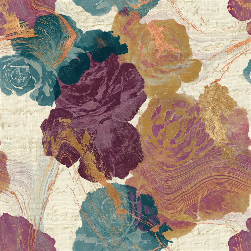 Another Suminagashi Roses Ochre Plum Teal Seamless digital paper shown full size