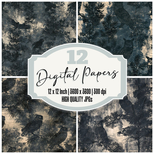 Great Horned Owl Bird Forest Ink Cream digital paper pack cover showing four of the 12 papers
