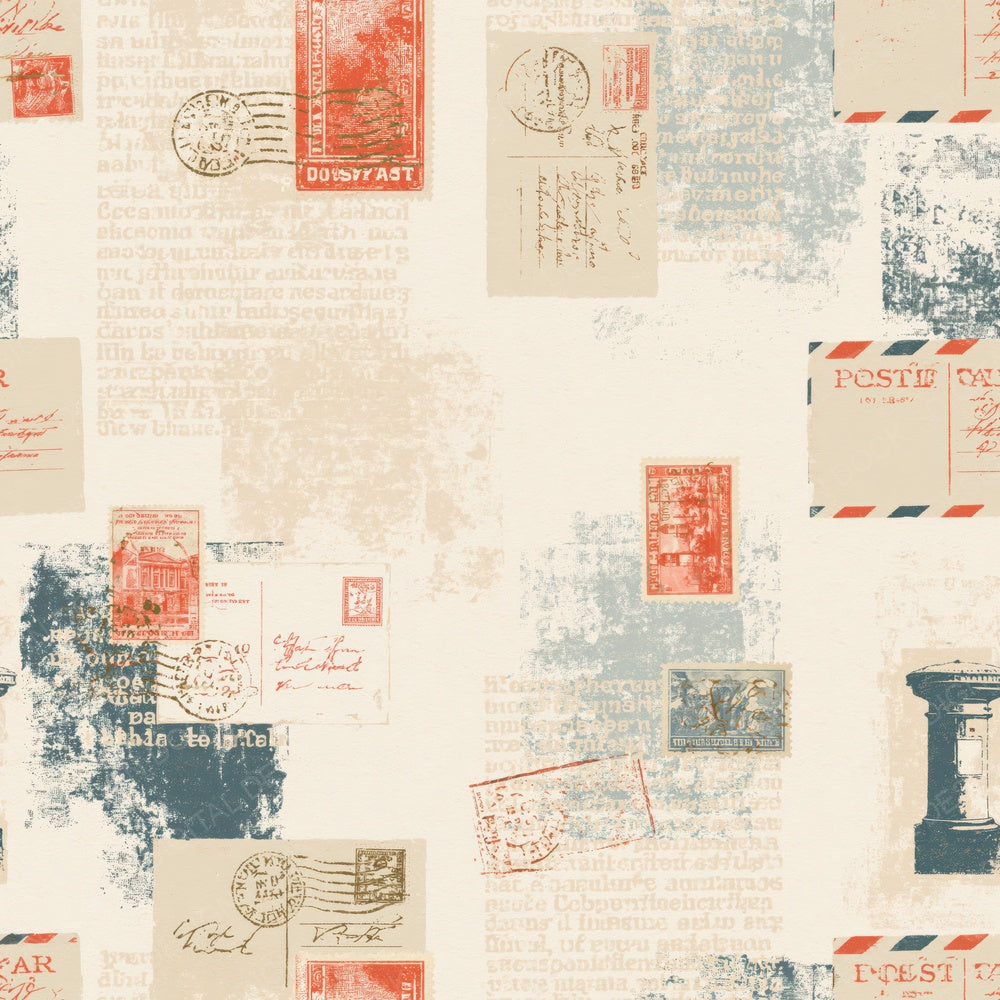 Vintage Postcard Stamp Cream Postbox Red Airmail Digital Paper Pack (DDD017283)