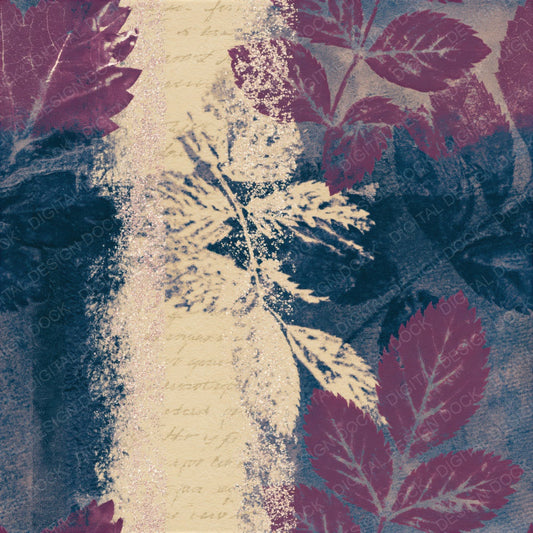 Single Cyanotype Leaf Print Wine Oat Seamless digital paper shown full size