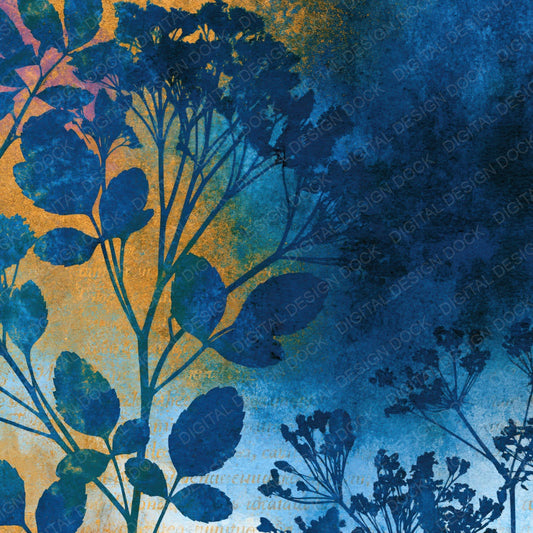 Single Cyanotype Rainbow Botanical Abstract digital paper shown full size