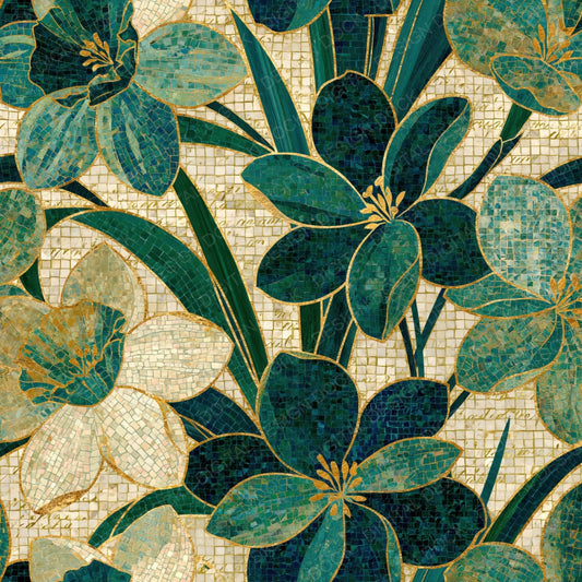 Single Mosaic Rainbow Daffodils Jade Parchment digital paper shown full size
