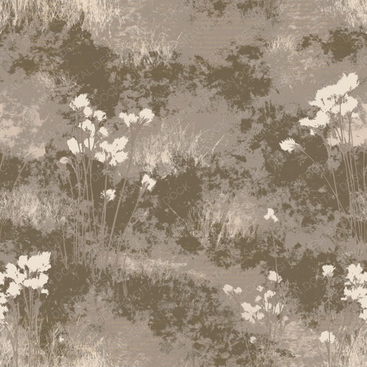 Single Cotton Grass Botanical Moor Brown Bone White Cream digital paper shown full size