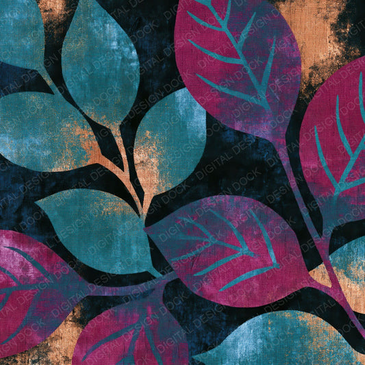 Single Kantha Leaf Teal Magenta Abstract digital paper shown full size