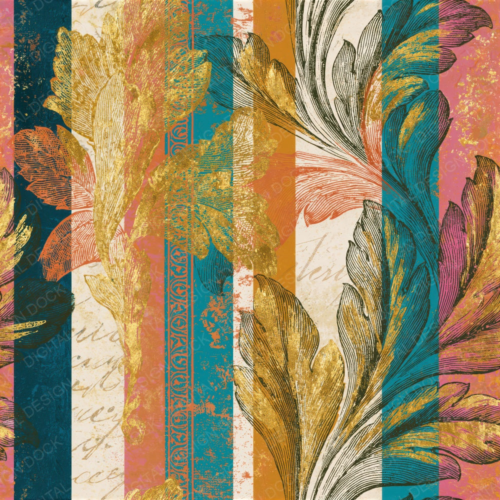 Victorian Gold Leaf Turquoise Pink Seamless Digital Paper Pack (DDD018343)