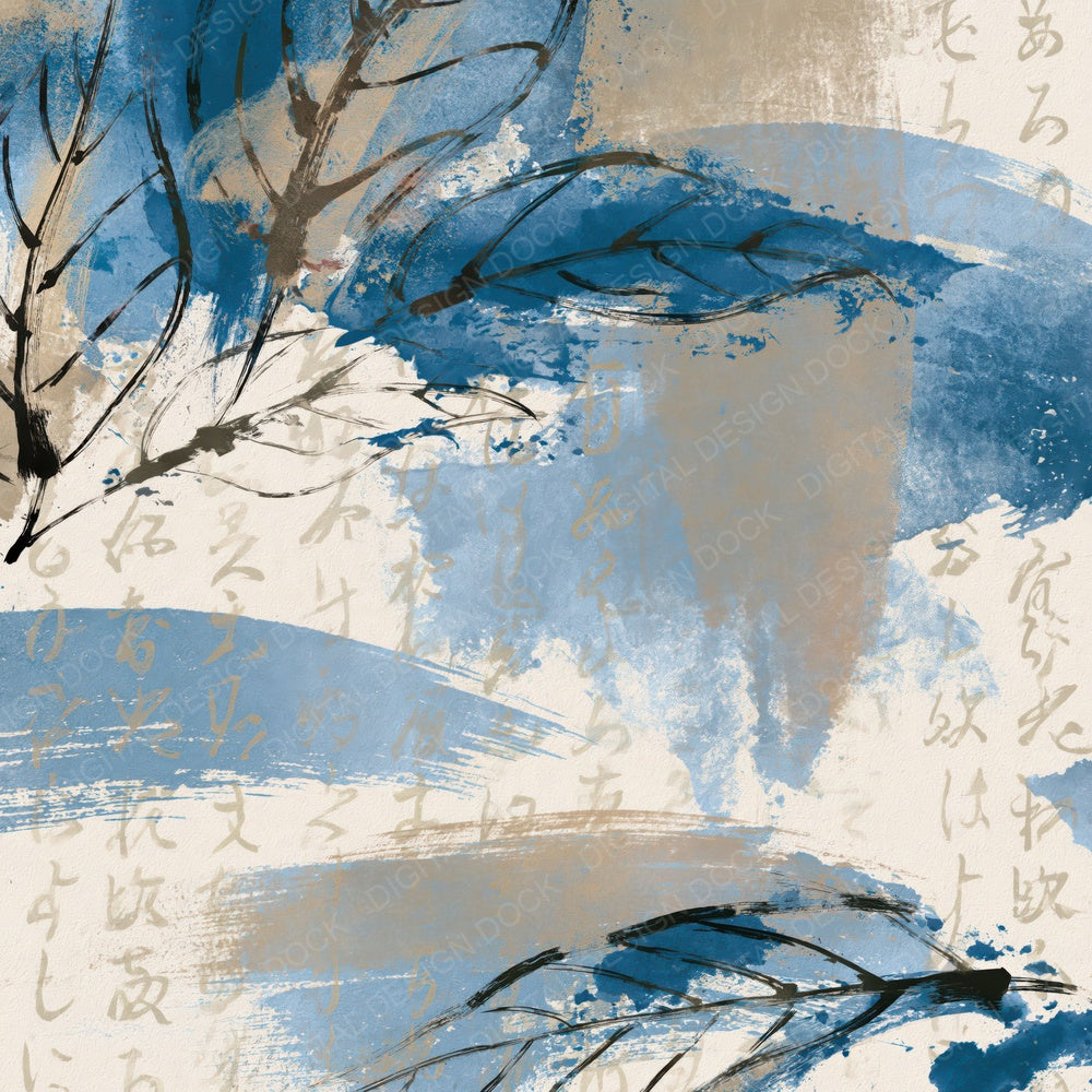 Chinese Ink Leaf Outlines Sapphire Ivory Digital Paper Pack (DDD018409)