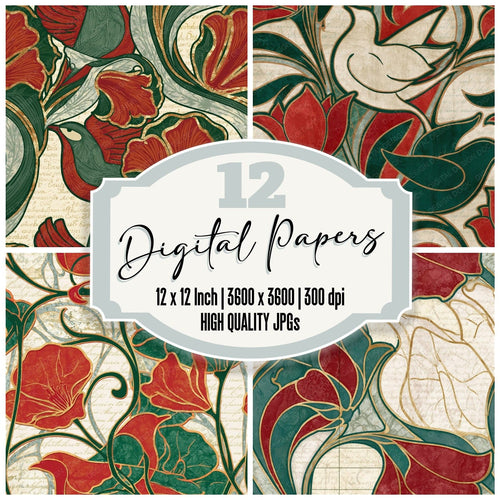 Art Nouveau Bird Flower Outline Seamless digital paper pack cover showing four of the 12 papers