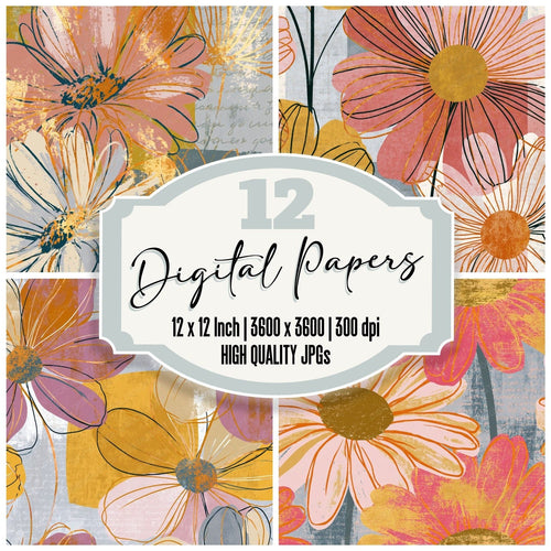 Pop Art Daisy Outlines Champagne Rose digital paper pack cover showing four of the 12 papers
