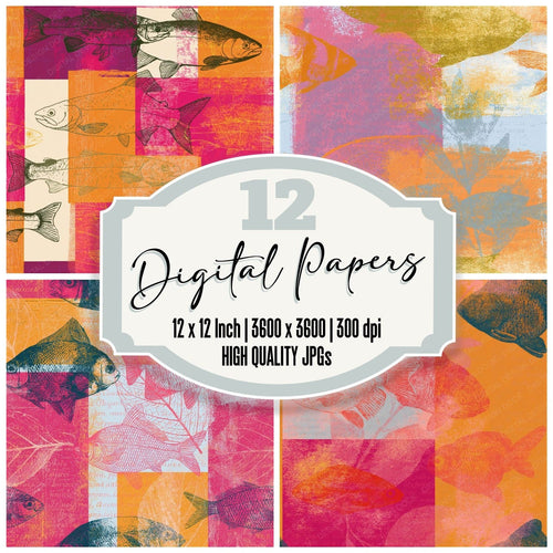 Pop Art Fish Apricot Rose Seamless digital paper pack cover showing four of the 12 papers