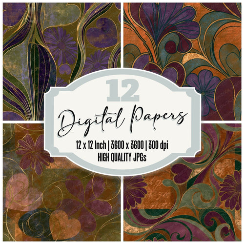 Art Nouveau Daisy Hearts Plum Moss Seamless digital paper pack cover showing four of the 12 papers