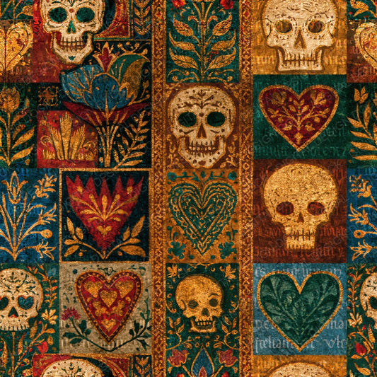 Single Illuminated Skulls Hearts Tobacco Moss Seamless digital paper shown full size