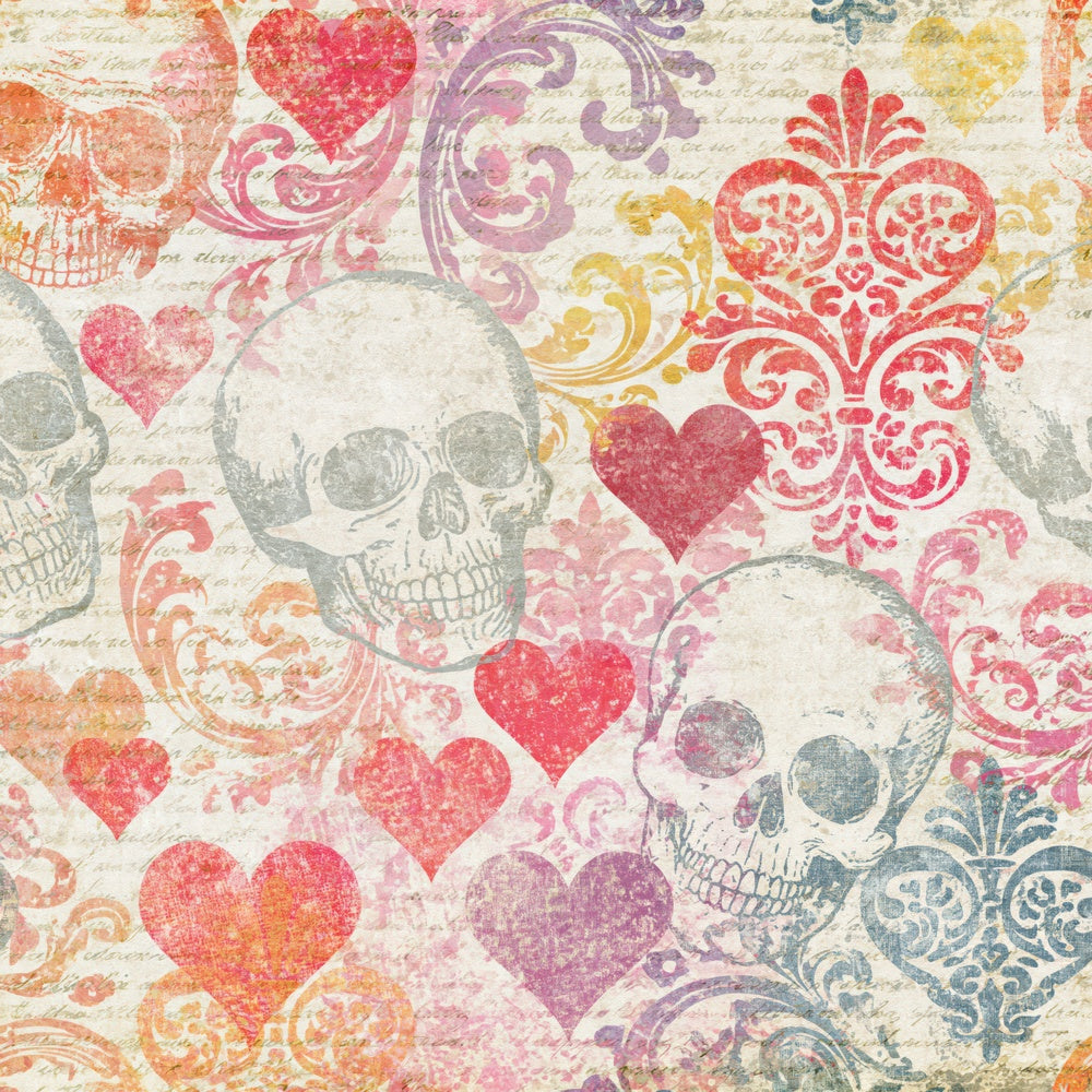 Another Rococo Skulls Hearts Ivory Red digital paper shown full size