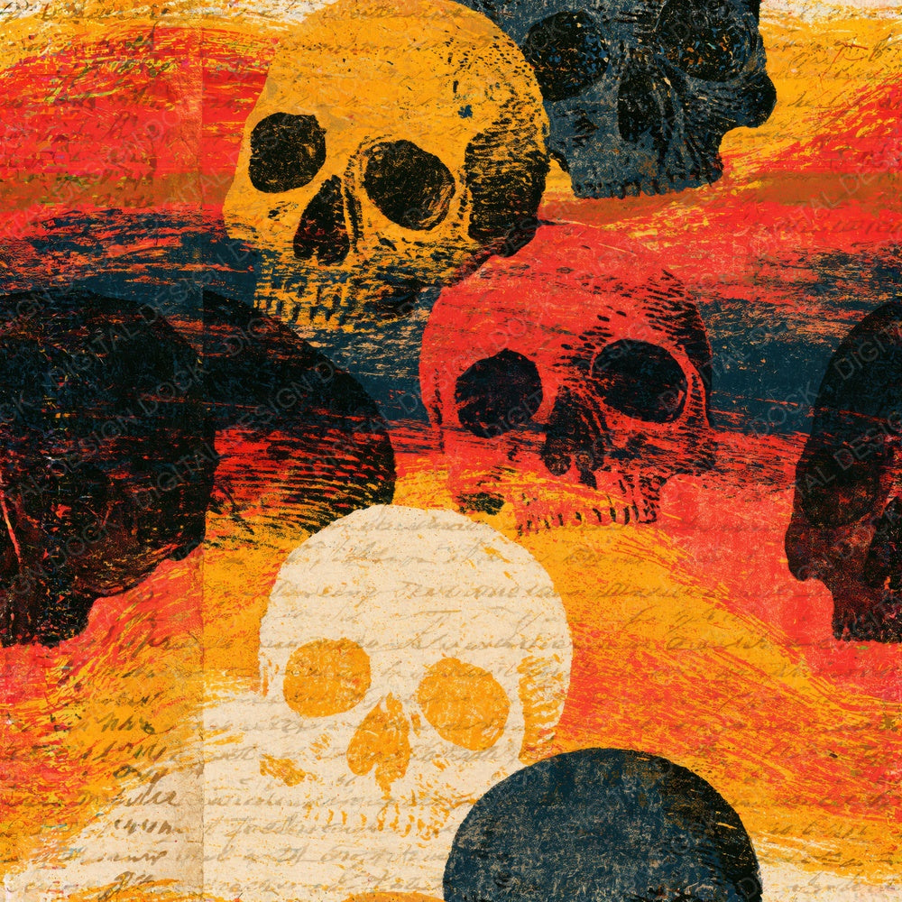 Another Woodcut Skulls Terracotta Mustard Seamless digital paper shown full size