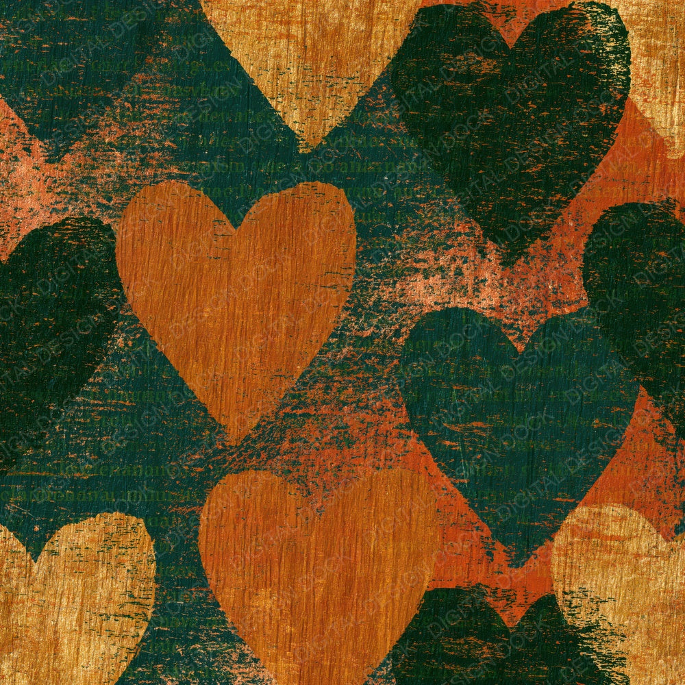 Another Woodcut Love Hearts Amber Forest Green digital paper shown full size
