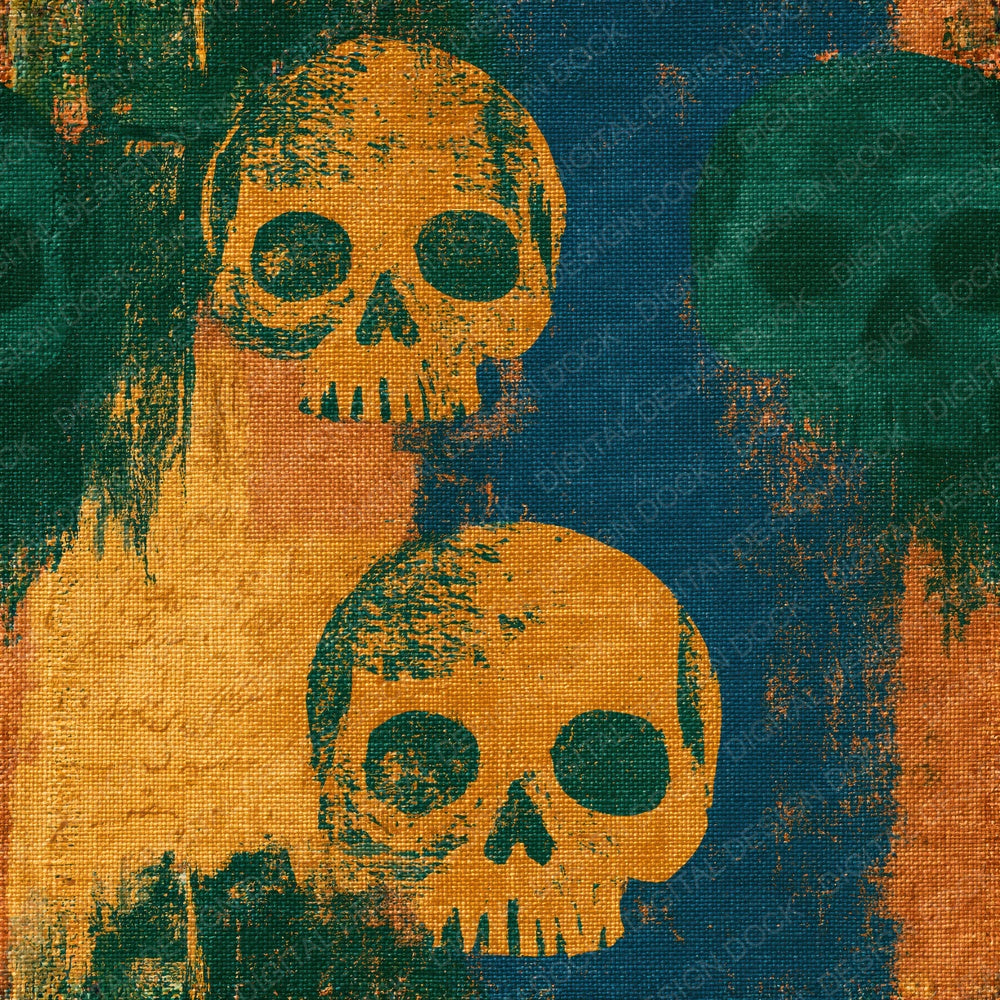 Another Woodcut Skulls Amber Forest Green Seamless digital paper shown full size