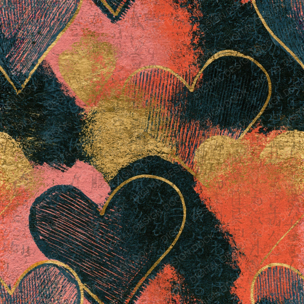 Another Scratchboard Hearts Coral Gold Seamless digital paper shown full size