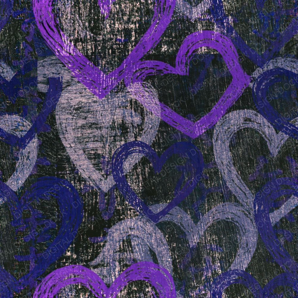 Another Woodcut Love Hearts Purple Silver Seamless digital paper shown full size