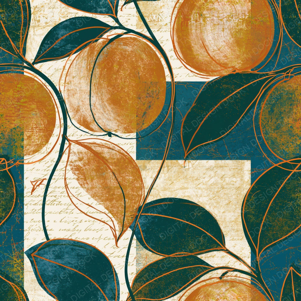 Another Etching Fruit Ochre Teal Seamless digital paper shown full size