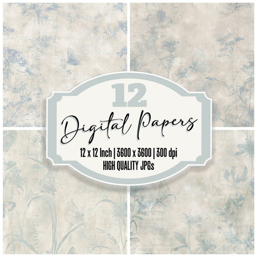 Adonis Blue Butterfly Insect Chalk Cream Electric Blue Bone digital paper pack cover showing four of the 12 papers