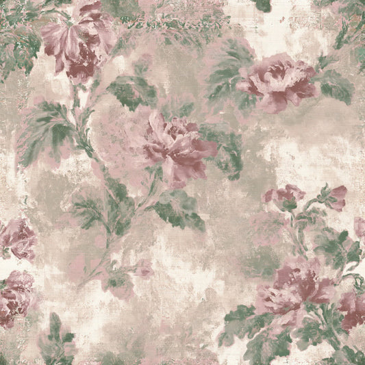 Single Faded Floral Chintz Curtain Parlour Cream Faded Rose Willow Green Seamless digital paper shown full size