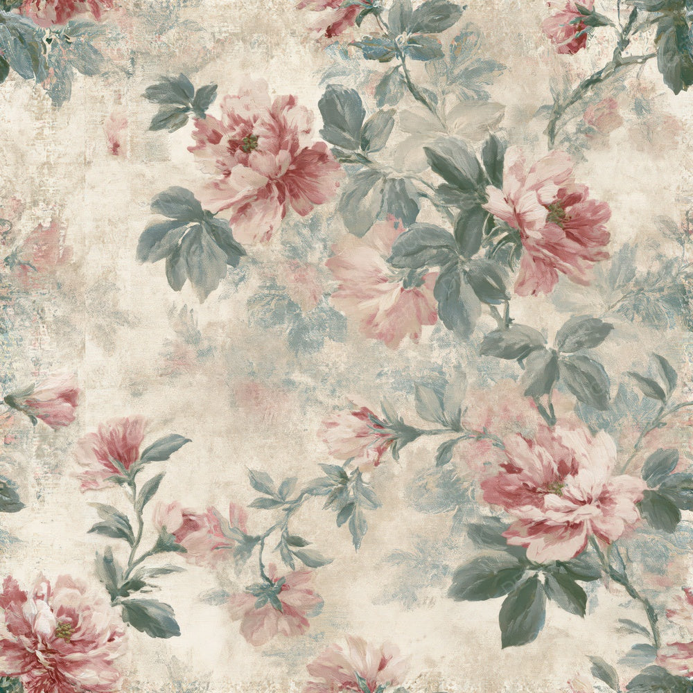Another Faded Floral Chintz Curtain Parlour Cream Faded Rose Willow Green Seamless digital paper shown full size