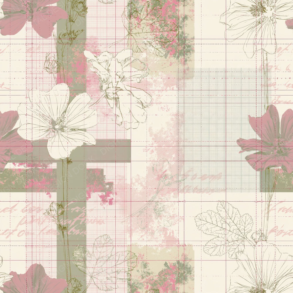 Another Pattern Studio Musk Mallow Bone Mallow Pink Grassland Green digital paper shown full size